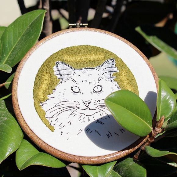 Psychedelic Fluffy Long Haired Cat Line Embroidery Art - Picture 3 of 4